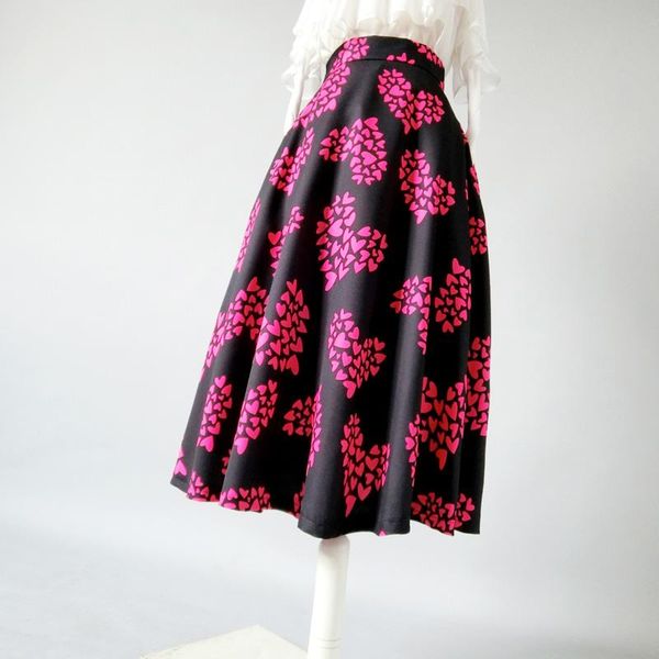 

skirts spring fall women elegant printing red heart a-line middle long umbrella skirt xhsd-3397, Black