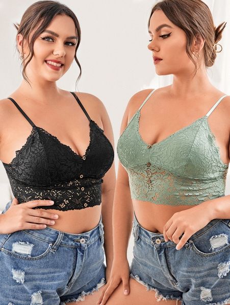 

2pack plus floral lace button front bralette x1mt#, Black;white