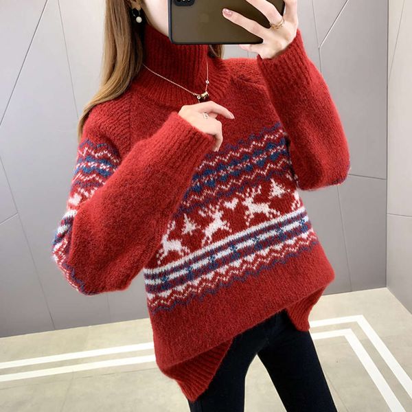 

christmas turtleneck women's sweater loose lazy autumn and winter 2021 new net red knitted bottom shirt, White;black