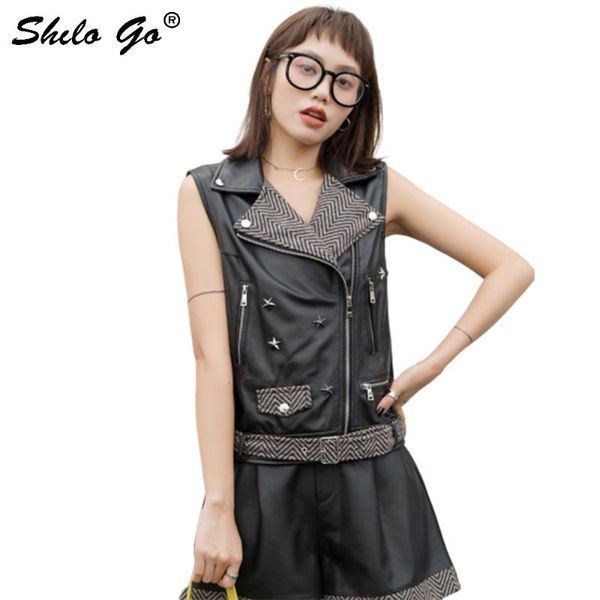 

women's vests genuine leather vest highstreet star rivets notched neck sleeveless coats women autumn casual moto zip belted outwear, Black;white