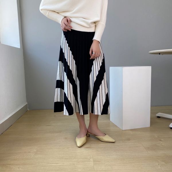 

new high 2021 waist knitted casual autumn winter thick long striped women a line skirt faldas jupe femme saia z5ej, Black