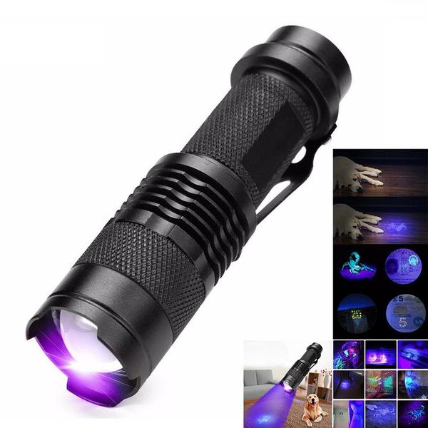 

led uv 365nm torch with zoom function mini uv black light pet urine stains detector scorpion hunting /14500 battery