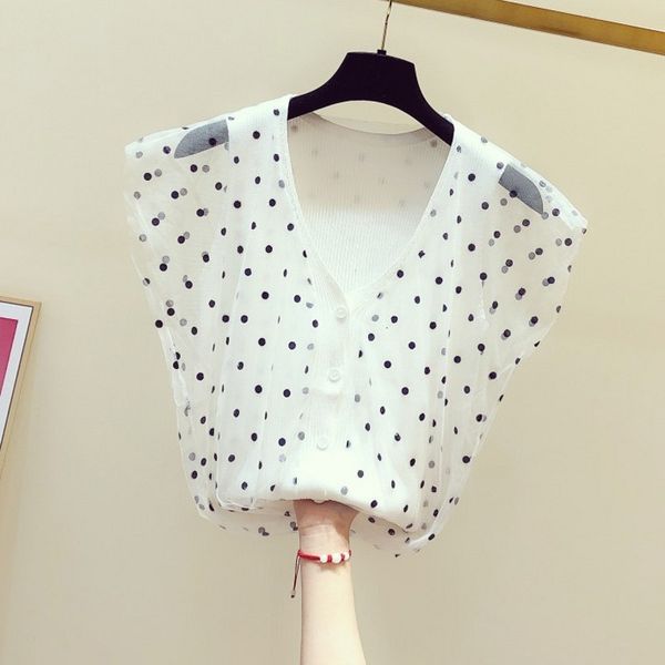 

women's 2021 summer dress elegant new polka dot gauze v sleeveless lifts knitted shirt fine fit mesh nm9w, White