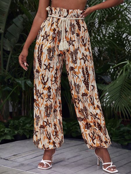 

paperbag waist belted cartoon graphic pants t1fb#, Black;white