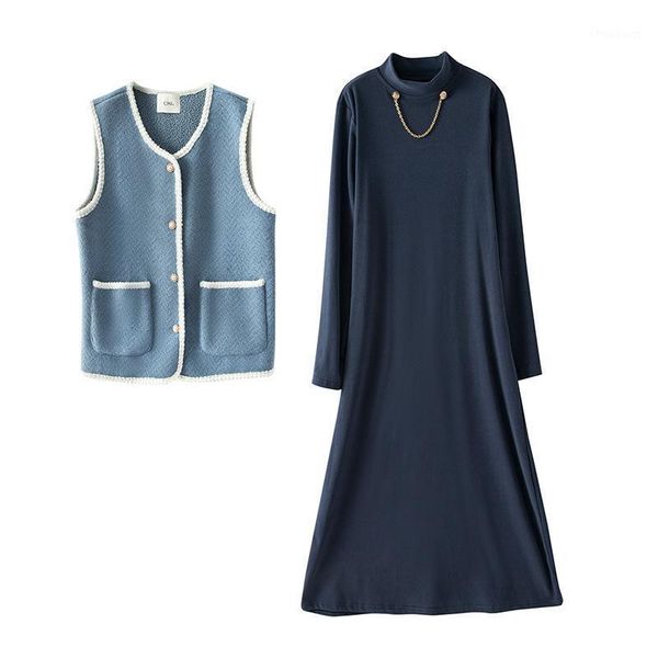 

women's tracksuits sigrid spring autumn women sets long sleeve turtleneck knitted dress siingle breasted v neck vest two piece set suit, Gray