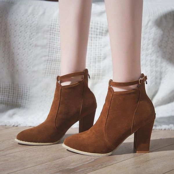 

boots autumn and winter pointed thick heel women's high belt buckle back zipper naked, Black