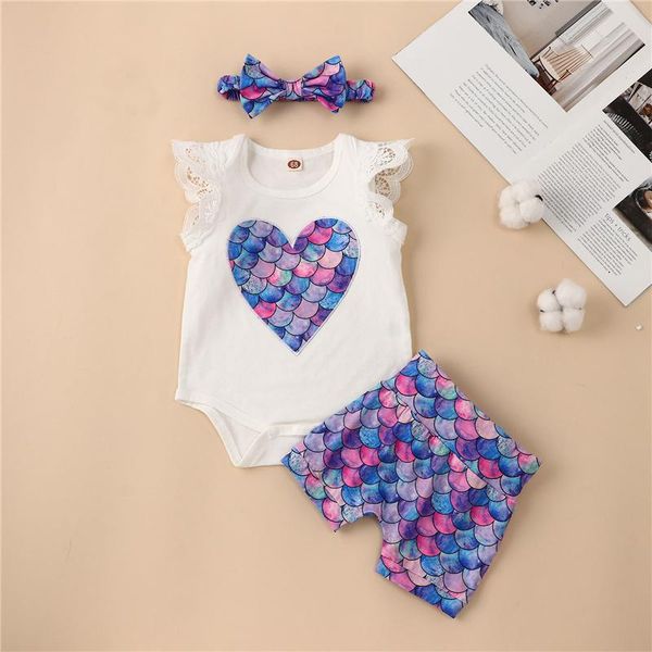 

clothing sets 3pcs toddler girl infant cotton outfits, fish scale/floral bird print sleeveless casual romper + short pants bow-knot headband, White