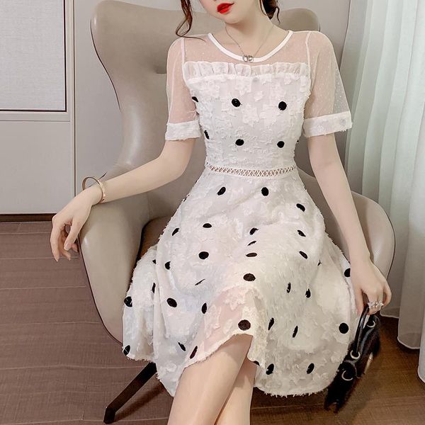 

casual dresses summer french polka dot retro dress women's 2021 trendy o-neck slim a-line tassel short vestidos, Black;gray
