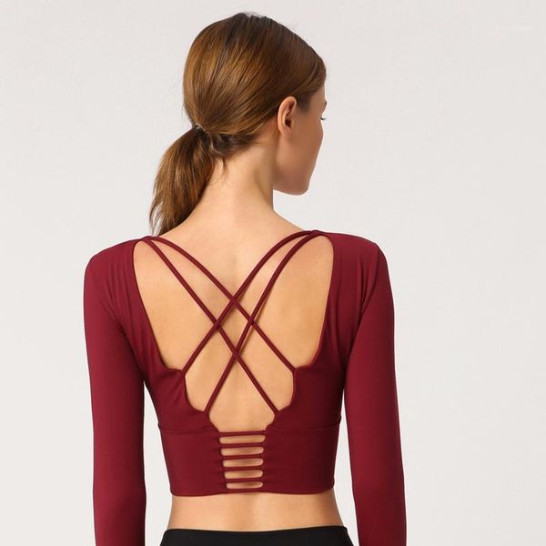 

inner pad cross backless yoga sport long sleeved shirts women slim fit anti-sweat fitness workout gym cropped 1, White;red