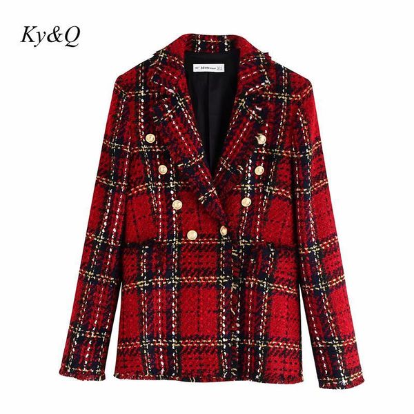 

2021 autumn winter runway new fashion red plaid suiting coat new design elegant temperament women long sleeve lapel outwear, White;black