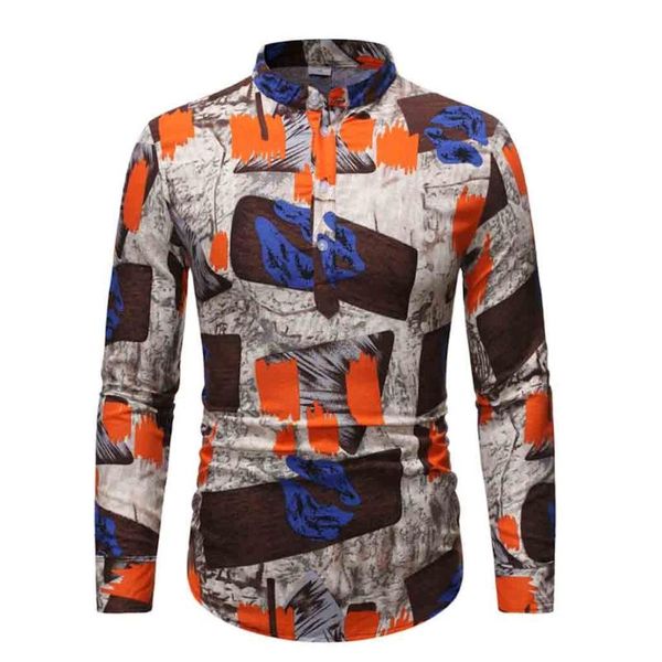 

kancoold men casual shirt ethnic broadcloth regular men's shirt long sleeve casual cotton linen printing hawaiian d19, White;black
