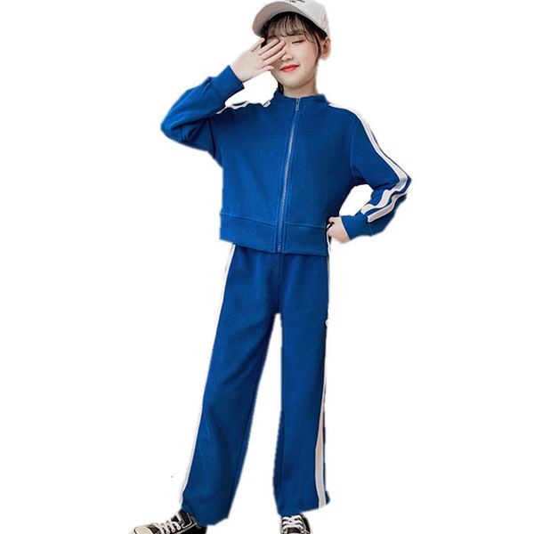 

2021 new girls sports striped children's clothes autumn winter cotton coat + pants 2 bun school training of teenage children 6 8 10 12, White