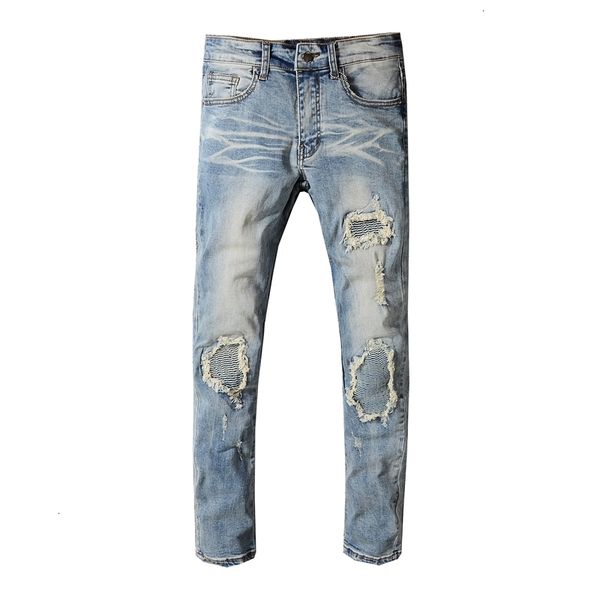 

men's fashion autumn old retro jeans youth stretch slim fit patch beggar denim pants 3pxr, Blue