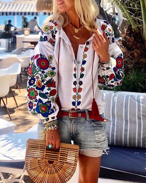 

womens blouse spring autumn casual flower print linen button long lantern sleeve tunic blouse national feature wear, White