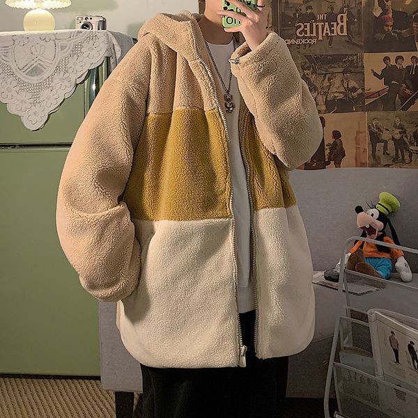 

2021 new winter thick lambs wool jacket men's warm fashion hit color casual hooded men parka loose korean short coat mens clothes k3ze, Black