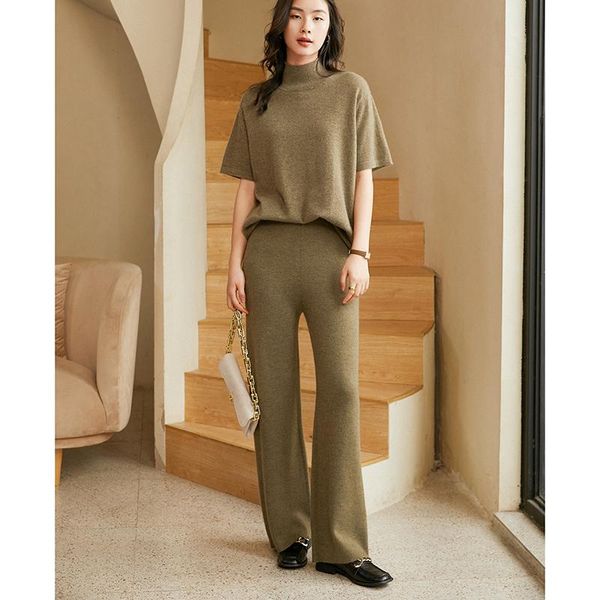 

women's pants & capris stylish flat elastic waist 100% cashmere knitted loose for women, Black;white