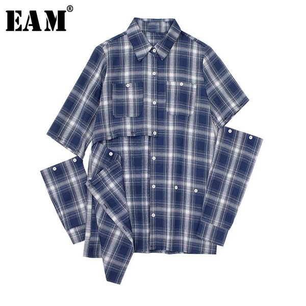 

women's blouses & shirts [eam] women blue plaid hollow out sittch blouse lapel long sleeve loose fit shirt fashion tide spring autumn 2, White