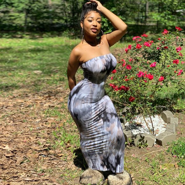 

fashion tie dye print strapless bodyocn dress spring summer 2021 womens maxi dresses nightclub outfit d70-bz24, Black;gray