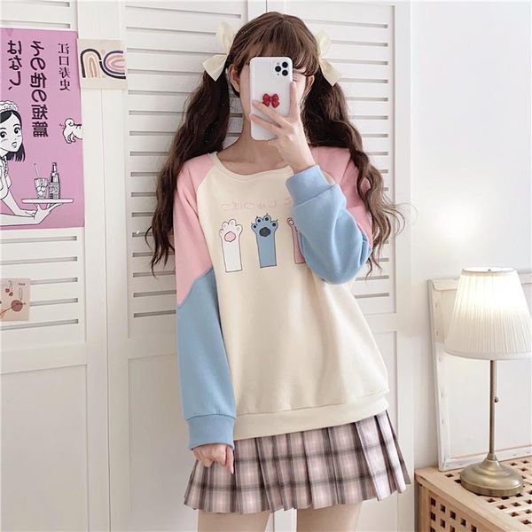 

cute cat print pullover girl japanese sweet small fresh soft sister hoodies female splicing spring autumn base shirt, Black