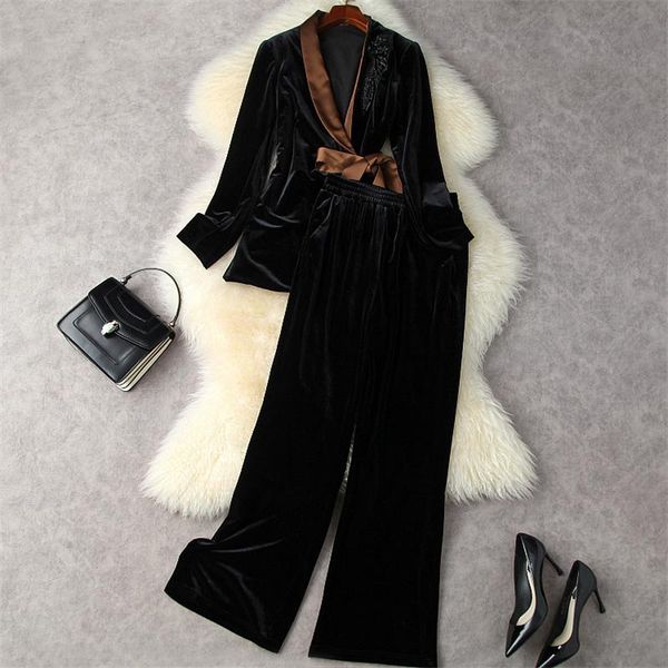 

women's two piece pants autumn winter velvet wide leg sets womens 2021 luxury beading sashes blazer pant suits office 2 outfits black, White