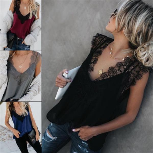 

v neck casual sleeveless womens loose lace vest tee, White