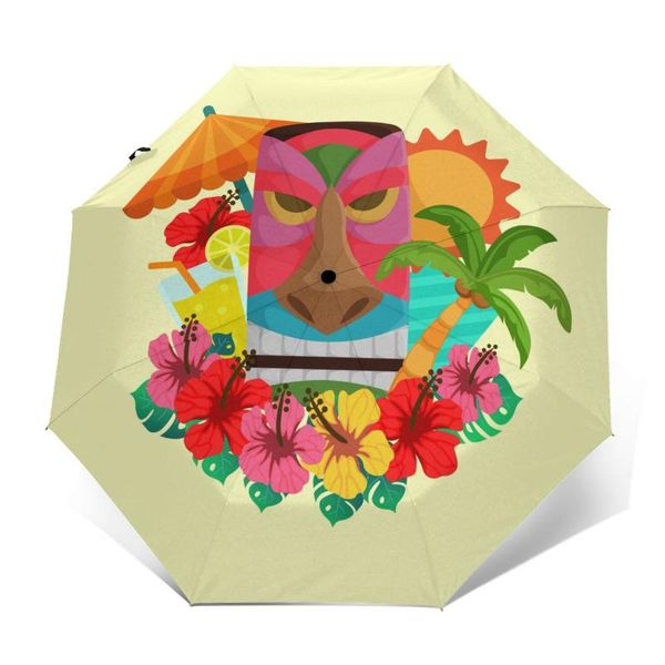 

umbrellas automatic umbrella tiki mask floral three-fold women men rain