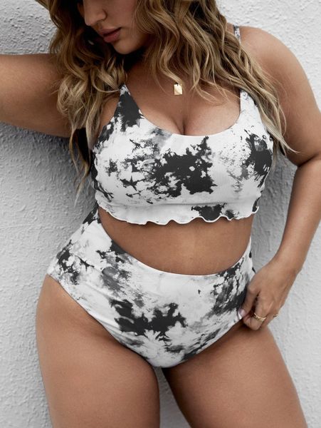 

plus marble print lettuce trim bikini swimsuit b9f5#, Black