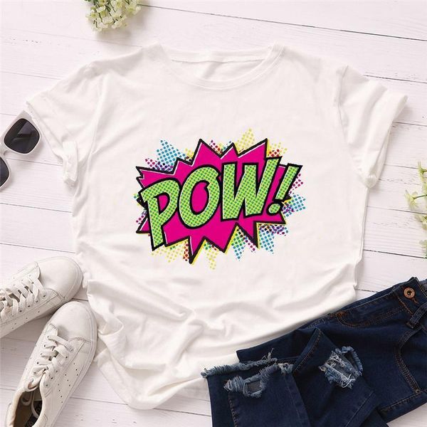 

summer women t shirts pow letter print short sleeve casual white o-neck polyester t-shirts girls ladies streetwear