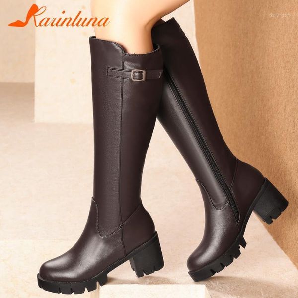 

boots karin 2021 plus size 46 thick heels mid calf woman shoes platform comfy warm lady female1, Black