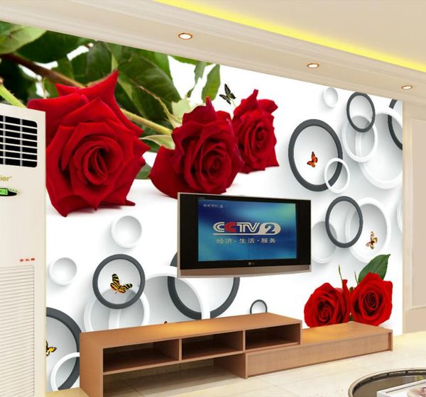 

wallpapers wholesale 3d wall mural tv background wallpaper bedroom romantic red rose&circle butterfly po murals wallcovering