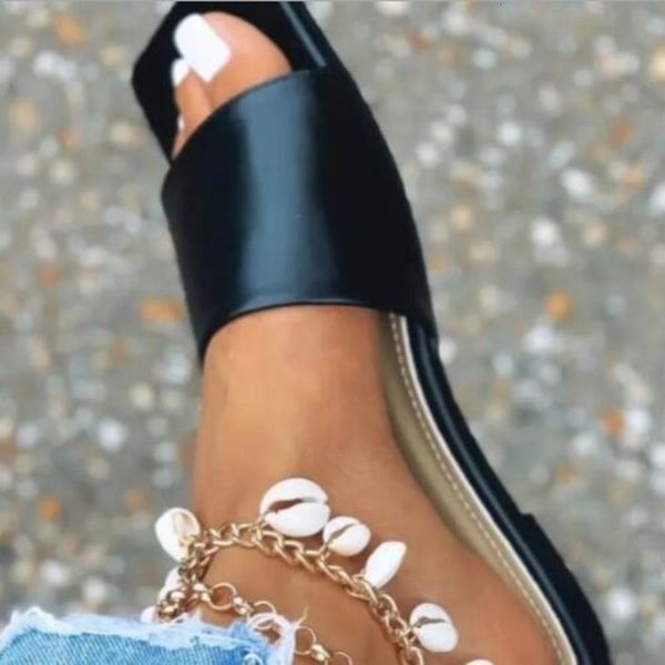 

2021 spring/summer new women effects color leather single low antislip durable casual beach slippers outdoor wild sandals, Black