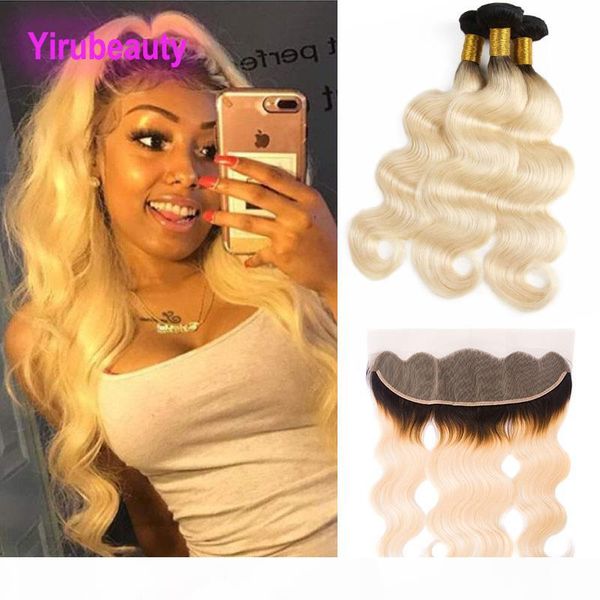 

brazilian virgin hair extensions 3 bundles with 13x4 lace frontal 1b 613 blonde human hair 1b 613 color body wave 10-26inch, Black;brown