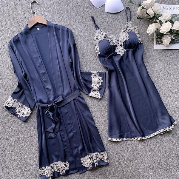 

women's sleepwear women silk robe gown set summer lace dress elegant woman pajamas casual bathrobe sets, Black;red