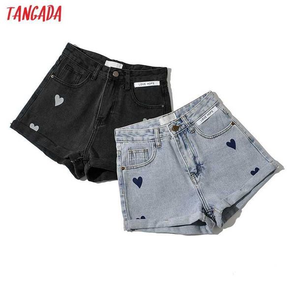 Tangada mulheres coração impressão denim shorts zíper bolsos feminino retrô casual shorts pantalones pp19 210609