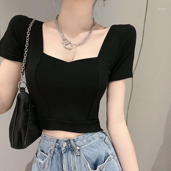 

women's t-shirt t shirt vintage crop square collar short sleeve shirts for women y2k skinny tee 2021, White