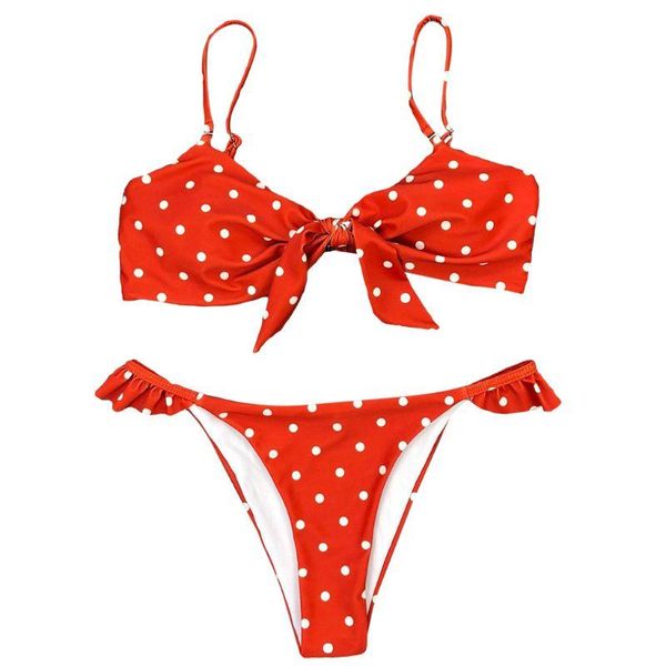

women brazilian bikini set polka dot tie knot front swimsuit ruffles beachwear