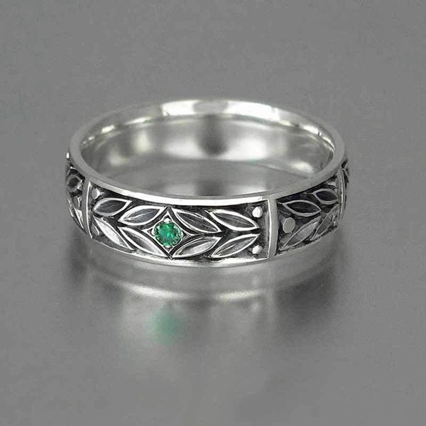 

vintage male green crystal stone ring charm silver color wedding rings for men punk black enamel leaf engagement ring, Slivery;golden