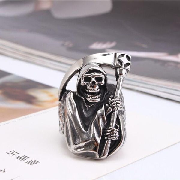 

cluster rings stainless steel skull ghost sickle ring halloween gift for women men punk rock jewelry, Golden;silver