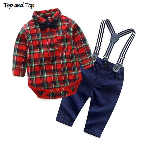 Top und Top Frühling Baumwolle Gentleman Baby Jungen Kleidung Kleidung Sets Plaid Langarm Biw Krawatte Hemd Strampler Hosenträger Hosen 210226