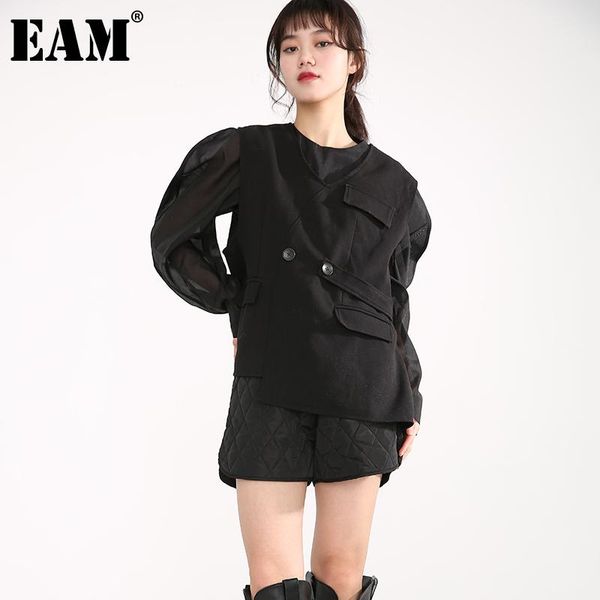 

eam] women loose fit black asymmetrical spliced big size vest new v-collar sleeveless fashion tide spring autumn 2021 1r85301, Black;white