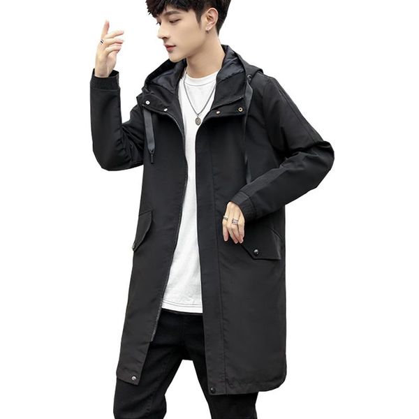 

new men long jacket spring autumn hooded casual coat mens solid color windbreaker male slim outerwear brand clothing m-3xl, Black;brown