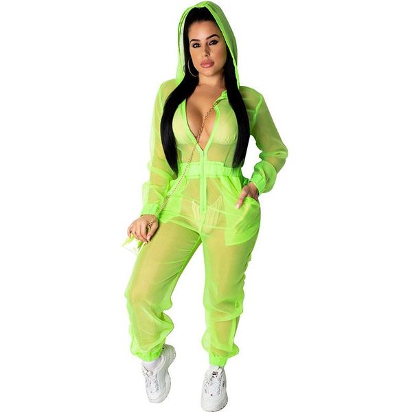 

gym clothing 2021 loose-fitting organza hooded casual jumpsuit women front zipper long sleeve romper see through club party, White;black