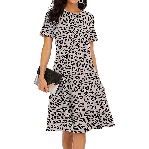 

casual dresses chic leopard dress women autumn 2021 o-neck lace up midi short sleeve loose sukienki damskie, Black;gray