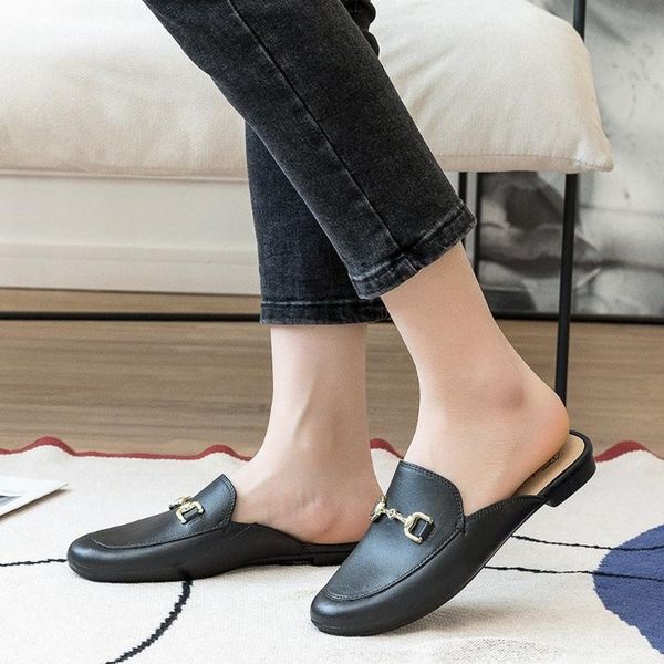 

slippers women's muller shoes, pointed toe small half modern slippers, casual flat-bottomed autumn, Black