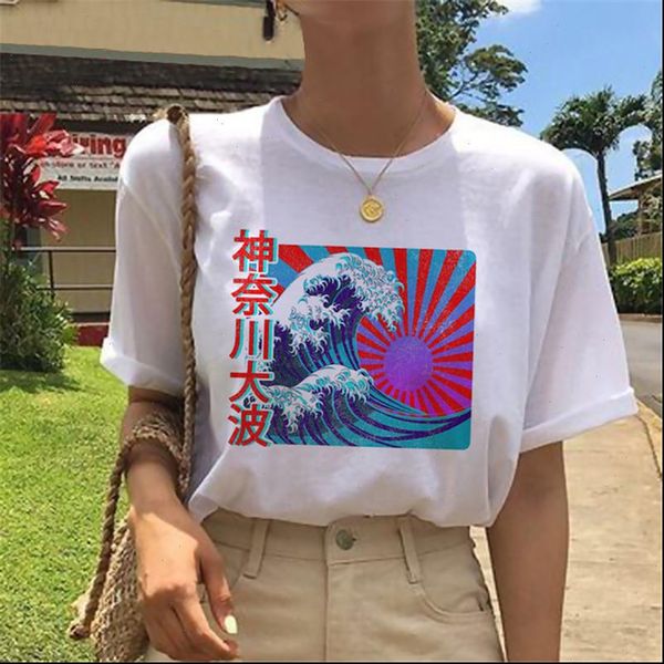 

hokusais the great wave printed summer short sleeved woman tshirts harajuku graphic tees o neck streetwear women clothes, White