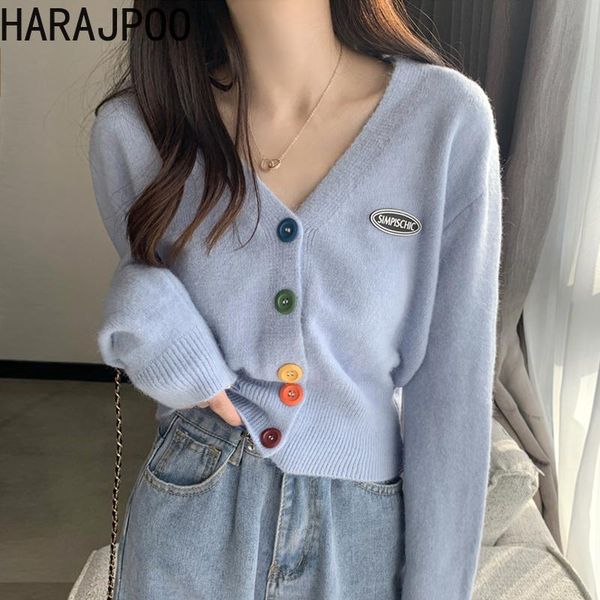 

women's knits & tees harajpoo women cardigan spring fall 2021 korean style v neck long sleeve all match short t shirt blue knitted swea, White
