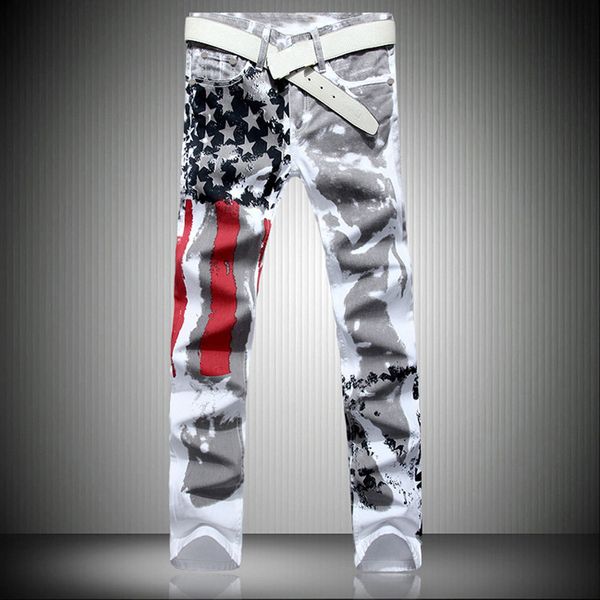 

men's white american flag printed jeans high stretch slim five pointed star men's large, Blue