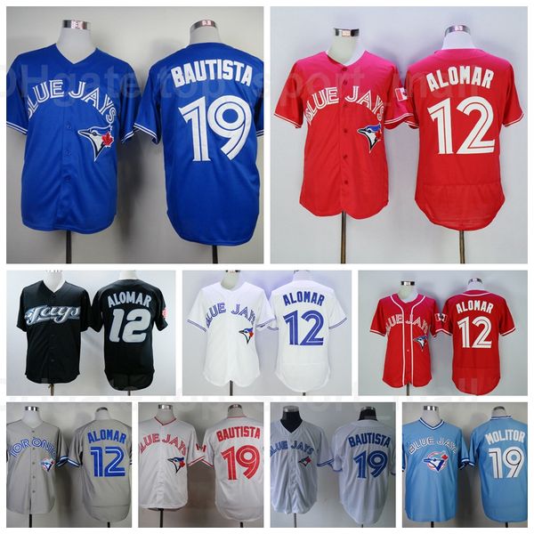 

1992 1993 2008 retror baseball vintage 19 jose bautista jersey 12 roberto alomar retire pullover all stitched blue white red grey black, Blue;black