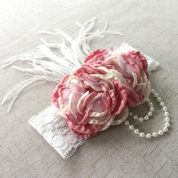 

hair accessories simple children's girls flower headband headdress lace rose pearl feather hairbands birthday party po props, Slivery;white