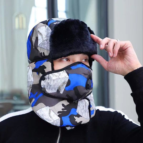 

winter warm windproof couple breathing va-lve mask thickened lei feng outdoor skiing cycling neck protection cotton hat, Blue;gray